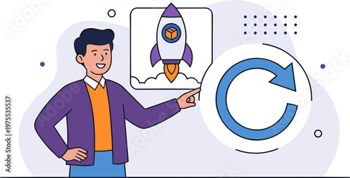 Man pointing at rocket on screen with refresh symbol nearby indoors