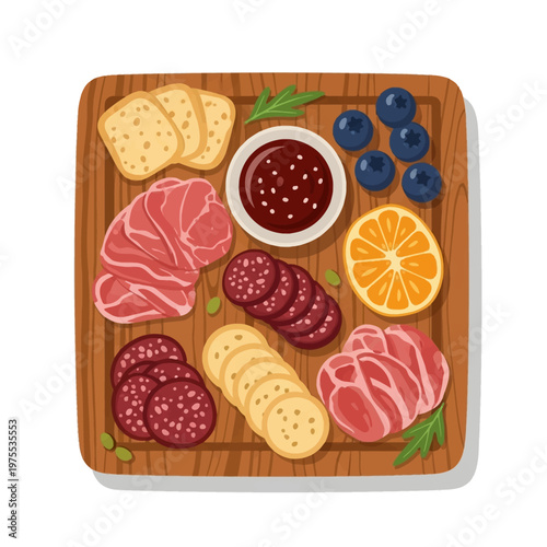 Flat vector illustration of a charcuterie board on a wooden platter with sliced salami, prosciutto, crackers, blueberries, an orange slice, and a bowl of red jam or dip.
