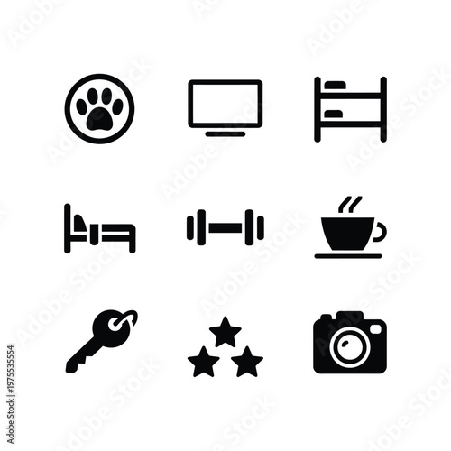 Hospitality and travel service icons including bed television camera key coffee and star ratings for accommodation reservation.