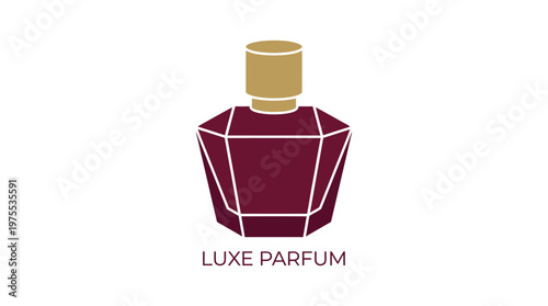 A sleek vector illustration features a sophisticated, faceted perfume bottle with a golden cap, embodying luxury fragrance and high-end beauty products.