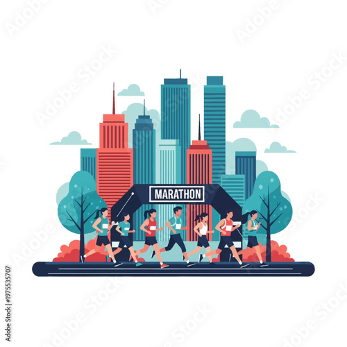 Flat vector illustration of diverse male and female athletes running a marathon race through an urban city course, passing under a black archway gate with skyscrapers and trees.