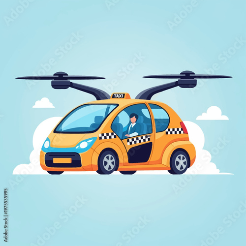 Flat vector illustration of a yellow futuristic flying taxi with large black rotors, a taxi sign, and checkered detailing, piloted by a driver against a blue sky with clouds background.