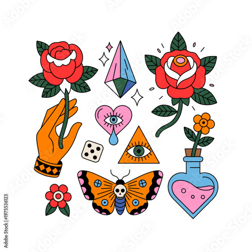 Mystical tattoo style elements set, roses butterfly all seeing eye crystal hand symbols boho vector illustration