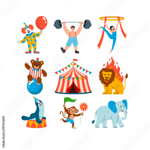 Colorful circus performers animals set, clown strongman acrobat lion elephant monkey seal bear tent illustration
