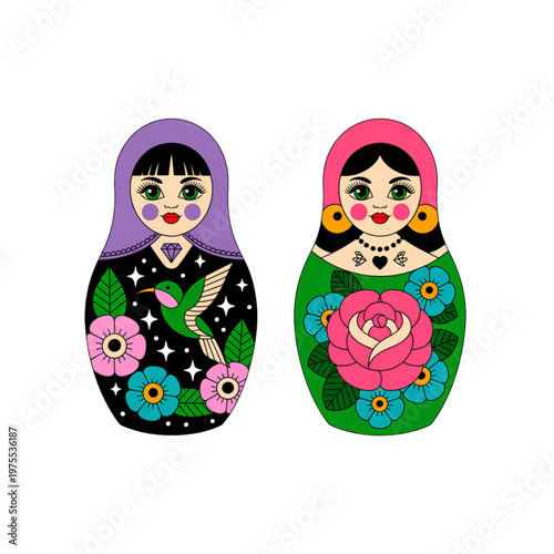 Colorful matryoshka dolls set, traditional Russian nesting dolls with floral patterns and folk art style illustration