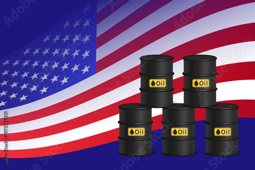 Oil Barrel Stack with American Flag Background Energy Concept Vector Illustration