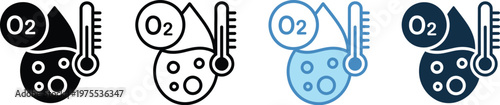 Blood oxygen icon set featuring multiple styles, healthcare and medical oxygen level symbols, pulse oximeter indicators in flat outline and solid glyph vector collection for apps and infographics.