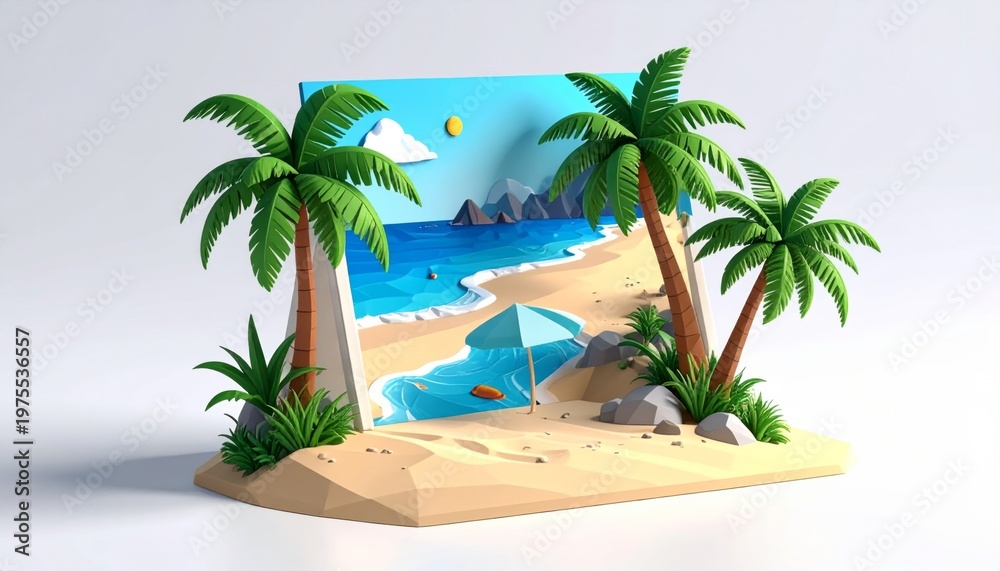 Fototapeta premium Pixel Art Tropical Beach Scene with Palm Trees Ocean and Sunny Sky