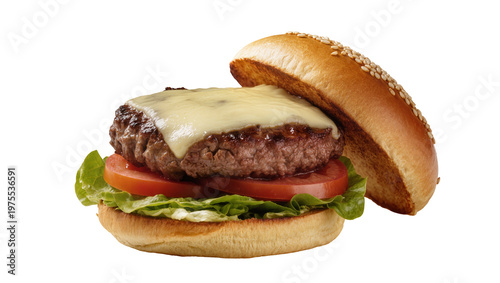 Canvas Print Juicy beef burger with melted cheese lettuce and tomato, isolated on transparent