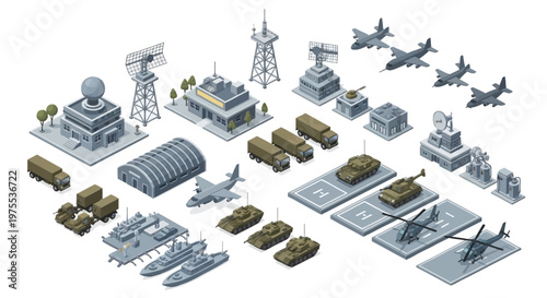 Isometric vector art depicts a detailed military base design, showcasing various elements like transport vehicles, buildings, and radar systems on a white background, rendered in a clean
