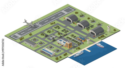 Isometric 3D illustration showing a detailed vector design of a military base with various transport vehicles and buildings, set against a bright background to highlight the strategic