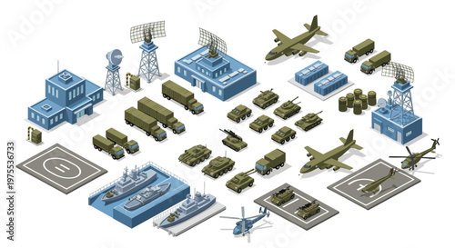 Isometric vector illustration of a military base featuring various vehicles like tanks, trucks, ships, and aircraft, arranged on platforms against a white background with a clean, organized