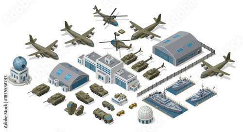 Isometric vector art depicts a detailed 3D military base, showcasing various aircraft, tanks, and naval ships, set against a clean white background with a cool, strategic design