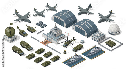 Isometric vector design shows a detailed military base concept featuring planes, tanks, and ships arranged with precision, presented in a clean, 3D illustration with a muted color palette