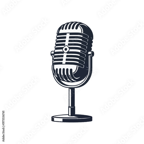 Vintage retro style microphone vector illustration isolated on white, featuring a classic grille and desktop stand for podcasting, radio broadcasting, and vocal recording.