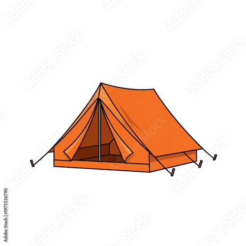 Classic orange ridge camping tent vector illustration with open front entrance, black outlines, guy lines, and ground stakes isolated on white background for travel and hiking.