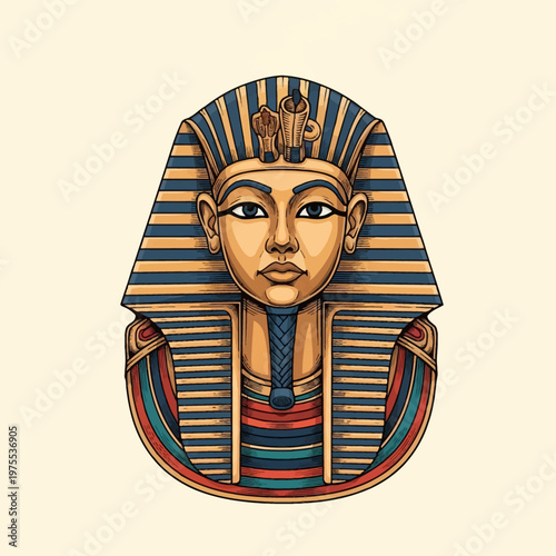 Vector illustration of an ancient Egyptian Pharaoh mask inspired by King Tutankhamun, featuring a striped gold and blue nemes headcloth, cobra uraeus, and traditional ceremonial beard.