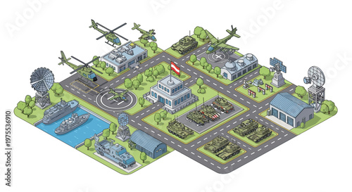 Isometric style illustration showing a military base design, complete with transport vehicles like tanks, helicopters, and ships, set against a neutral background, conveying a strategic