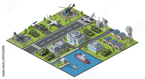 Isometric vector design showing a detailed military base illustration with various transport vehicles, including helicopters, planes, and tanks, set against a white background for strategic