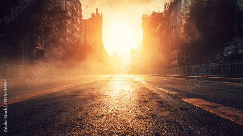 Empty city street bathed in intense sunlight and heat haze