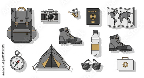 Adventure Essentials - Backpack, Camera, Boots, and More for Exploration.