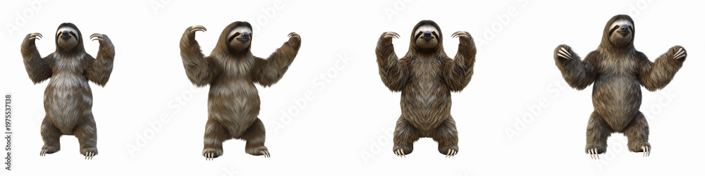 Fototapeta premium Collection of brown sloths standing with arms raised isolated on black