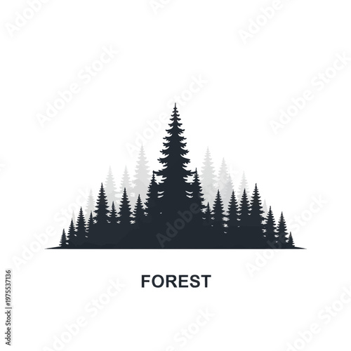 Minimalist vector silhouette of a dense coniferous forest featuring layered pine and fir trees in black and grey tones on a white background with the descriptive text FOREST.