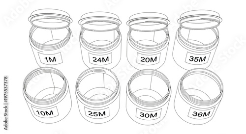 Eight empty cylindrical jars with numeric and letter labels, presented as a minimalist vector illustration for conceptual graphic design.