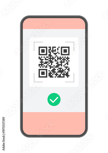 QRコードとチェックマークが表示されたスマホのイラスト - コード払い、電子チケットやリンクの素材