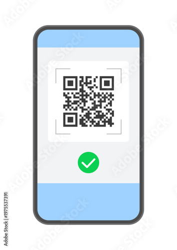 QRコードとチェックマークが表示されたスマートフォンのイラスト - コード払い、電子チケットやリンク