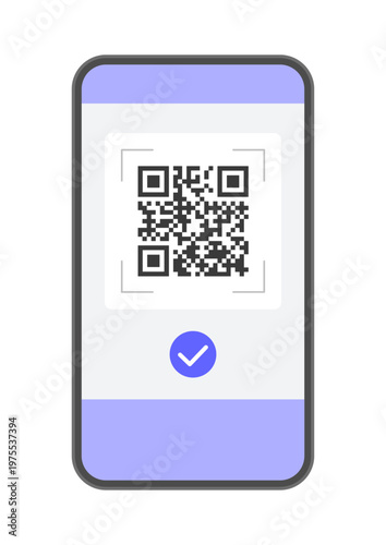 QRコードとチェックマークが表示されたスマートフォンのイラスト - コード払い、電子チケットやリンク