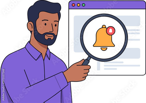 Man examines notification bell icon on computer screen with magnifying glass