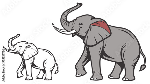 Vector portrait of an African elephant. Detailed drawing of the skin, tusks, and ears. Isolated on a white background. For logos, zoos, and nature reserves.