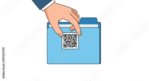 Hand places a QR code sticker onto a blue folder, representing data organization and digital access.