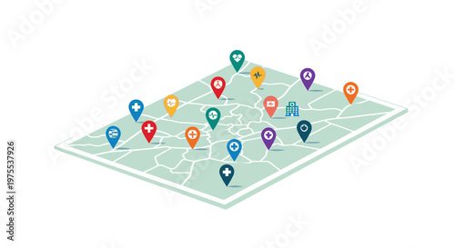 A stylized map displays numerous medical location pins, indicating healthcare access and services across a region.