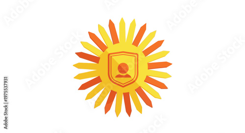 Stylized sun symbol with shield and person icon representing safety, protection, and well-being in a bright, vibrant design.
