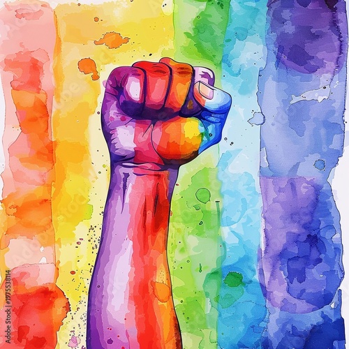 Watercolor Rainbow Pride Raised Fist for LGBTQ Awareness