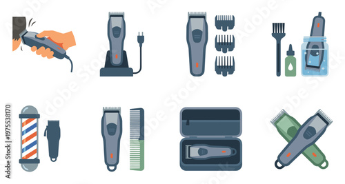 Flat style barber clippers vector icon collection with charging stand guards cleaning brush oil and barber pole for hair salon.