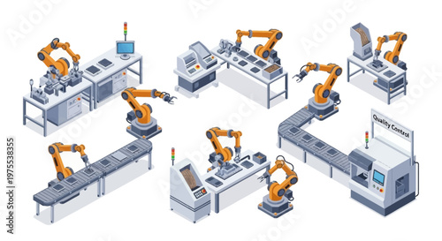 Isometric vector illustration showcases robotic arms operating on assembly lines and various industrial machines in a modern factory, set against a clean white background