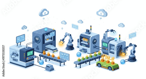 Isometric vector illustration depicts a modern Industry 4.0 factory with robotic arms and automated machinery working on a conveyor belt system, set against a clean white background