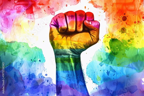 Watercolor Rainbow Pride Raised Fist for LGBTQ Awareness