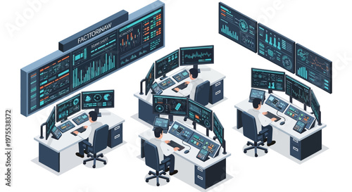 Isometric vector illustration depicts several workstations in a futuristic industry 4.0 control room, where operators monitor complex robotic factory processes using multiple screens