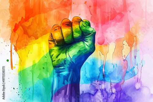 Watercolor Rainbow Pride Raised Fist for LGBTQ Awareness