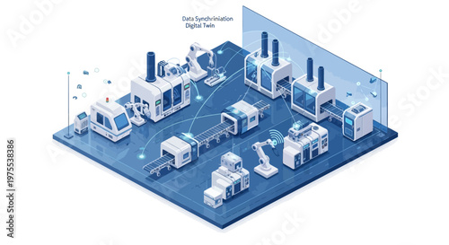 Isometric vector illustration depicting an Industry 4.0 automated factory, showcasing robotic arms and conveyor belts against a blue background, highlighting the concept of digital