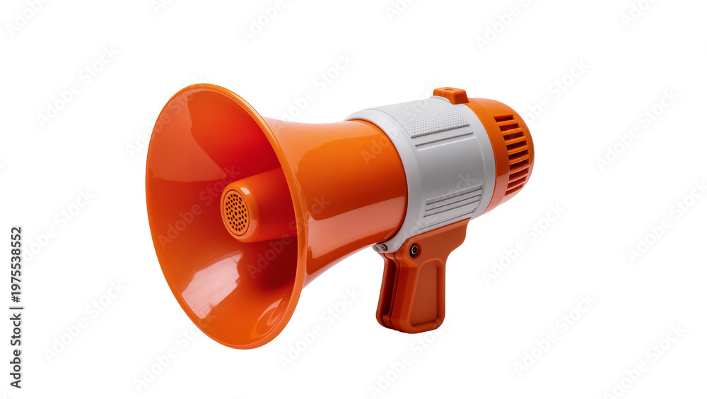 Fototapeta premium Orange plastic megaphone with white accents, isolated on transparent background