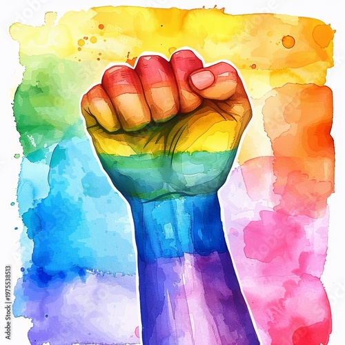 Watercolor Rainbow Pride Raised Fist for LGBTQ Awareness