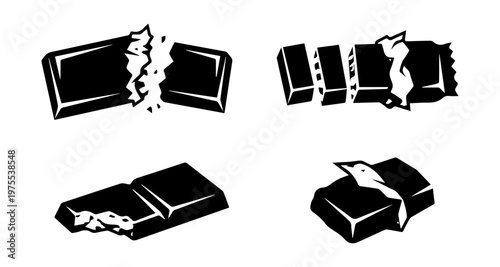 Set of four broken and unwrapped chocolate bar icons, vector illustration with white background.