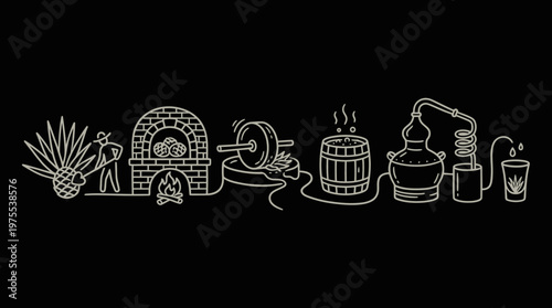 Tequila Production Process Agave to Tequila Line Art