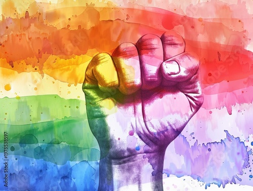 Watercolor Rainbow Pride Raised Fist for LGBTQ Awareness