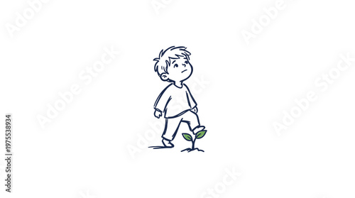 Little Boy Stepping on a Young Plant